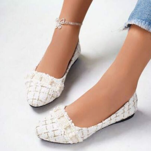 BRAND NEW SIFAYF FAUX PEARL   ELEGANT BALLET PLAID PATTERN TWEED BALLET FLAT - Picture 15 of 15